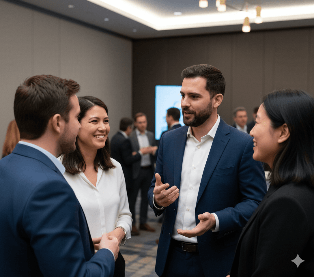 Conference networking scene with AR overlays